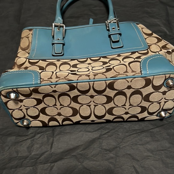 COACH HAMPTON SIGNATURE JACQUARD KHAKI/BROWN SATCHEL WITH TEAL LEATHER TRIM - Picture 3 of 12